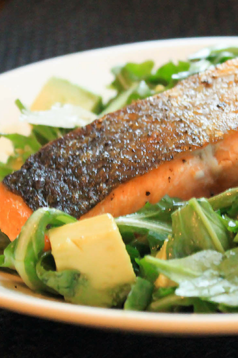 salmon with arugula avocado salad